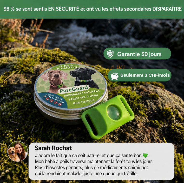Médaillon de protection naturelle PureGuard® – 12 mois de protection contre les puces, les tiques et les parasites