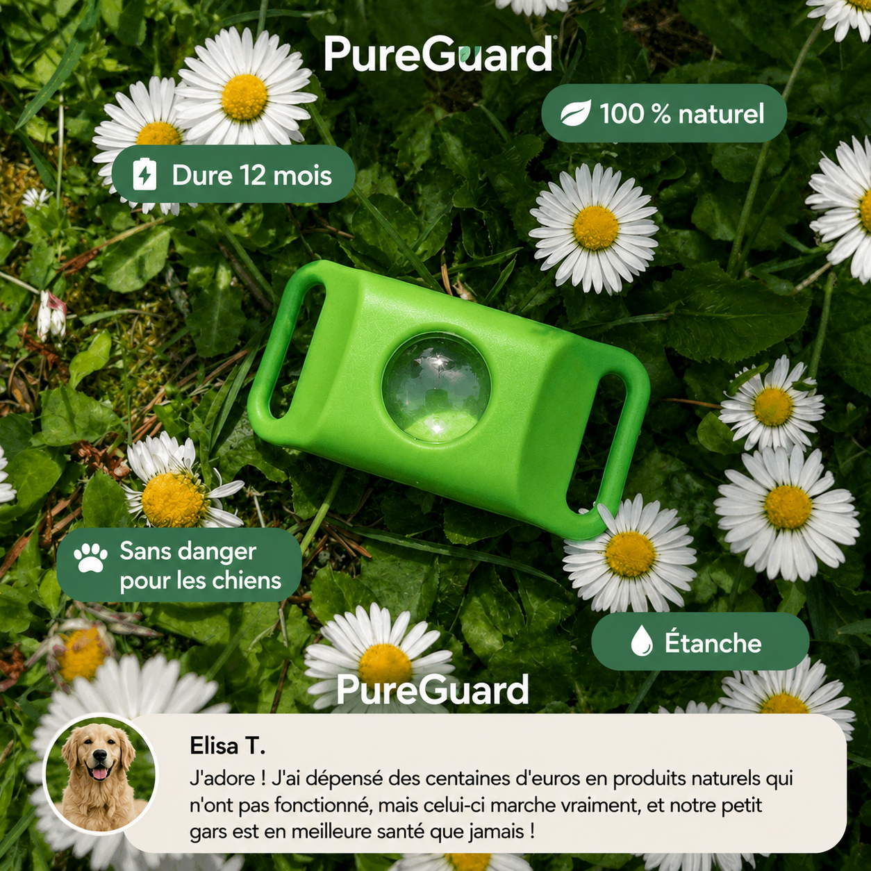Médaillon de protection naturelle PureGuard® – 12 mois de protection contre les puces, les tiques et les parasites